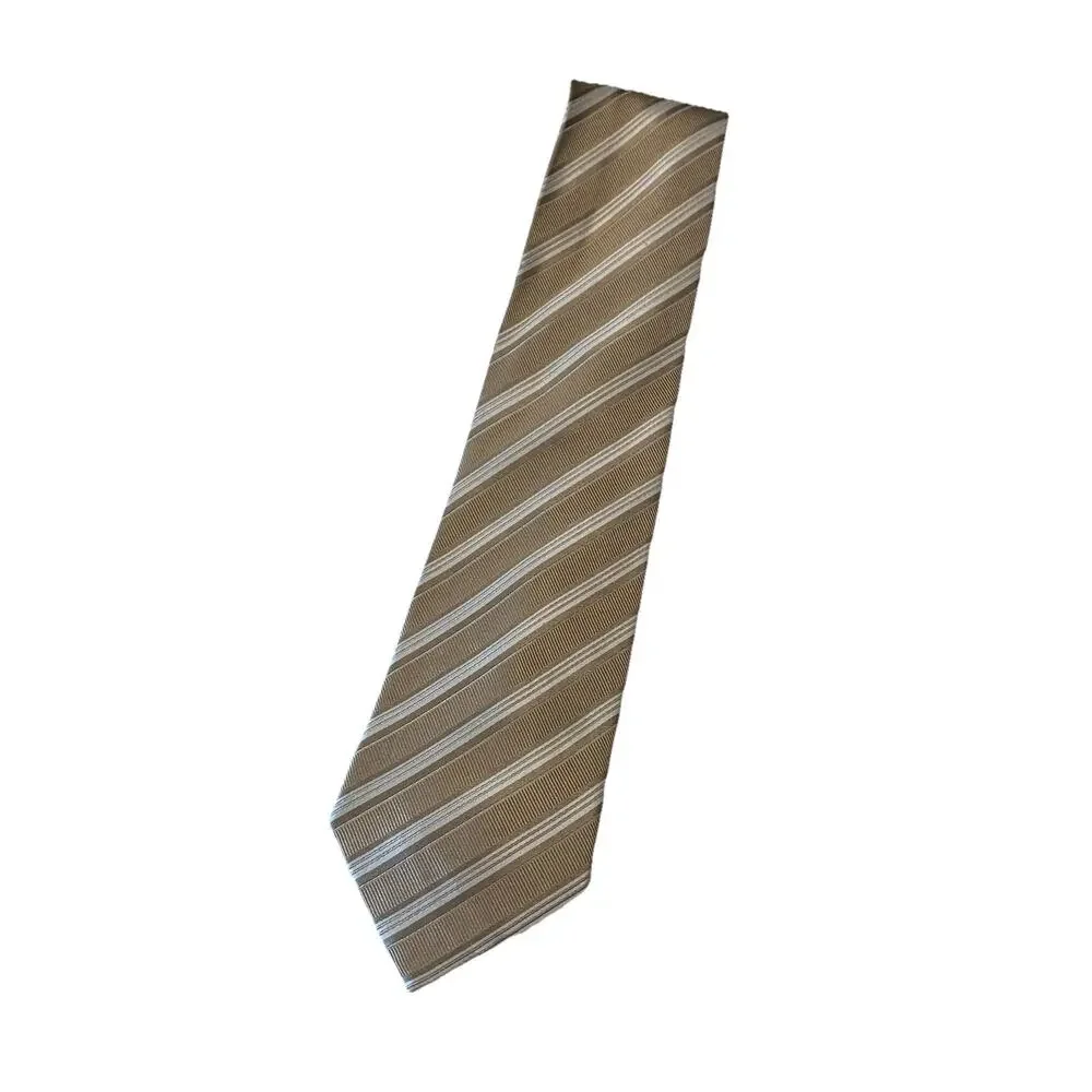 Fabio Ferretti Italy Handmade Men’s Silk Tie Tan Gold & White Diagonal Striped